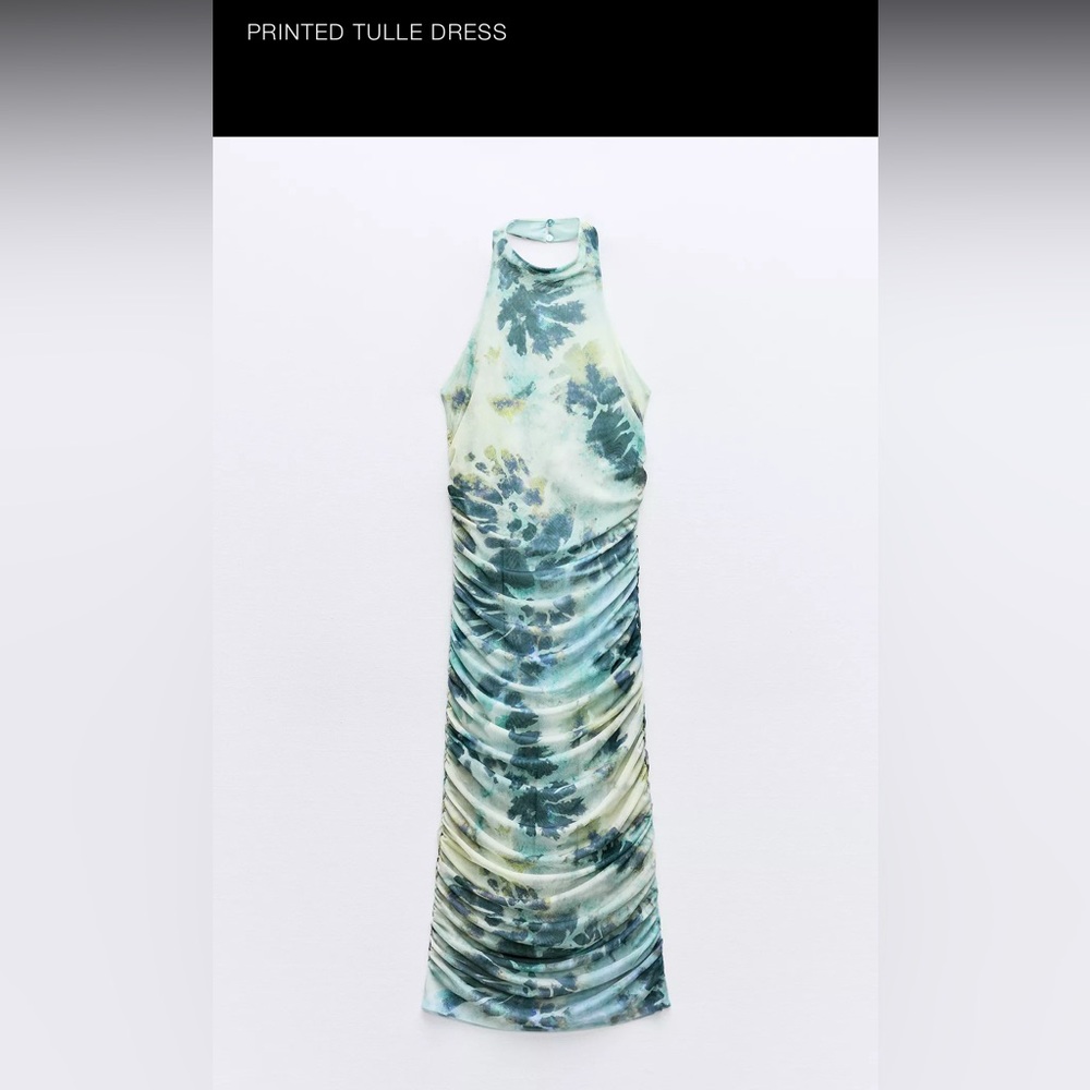 Zara Green and Blue Ruched Halter Sheath Dress